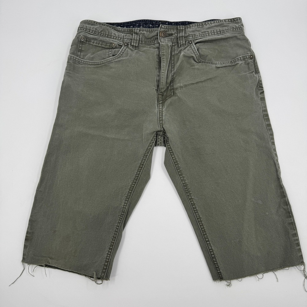 prAna‎ Cut-Off Shorts Mens 33 Olive Green Slim Fit Raw Hem Hiking Outdoor